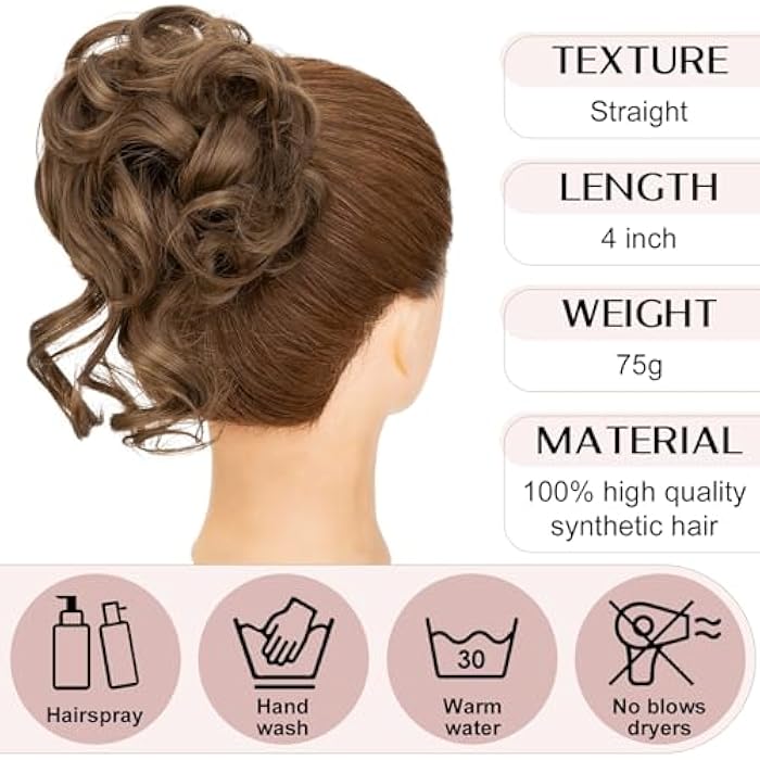 SEGO Claw Messy Bun Hairpieces Wavy Curly 75G Thick Hair Chignon Tousled Updo Doughnut Hair Bun Synthetic Ponytail, Ash Brown - Image 4
